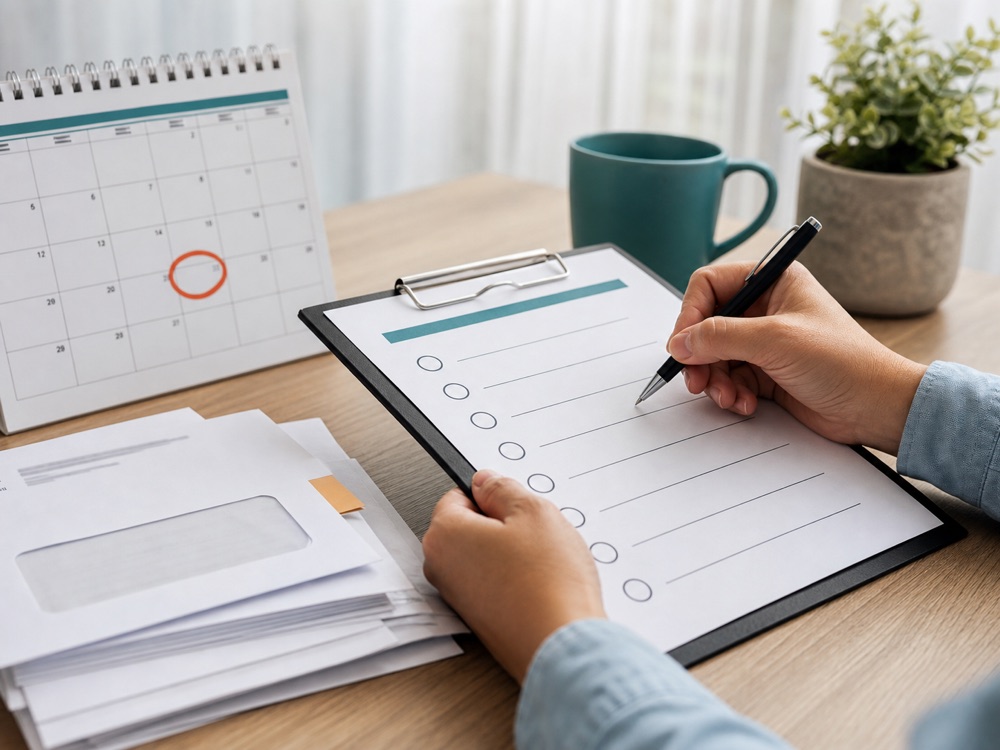 Tax notice checklist with a calendar deadline and pen on a desk