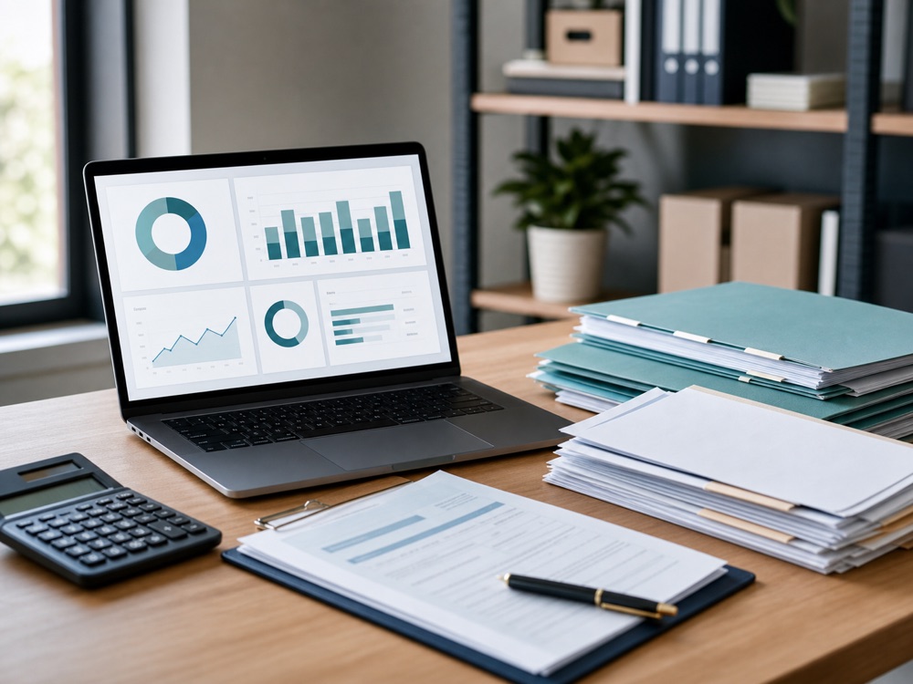 Organized tax debt option review materials with calculator and laptop